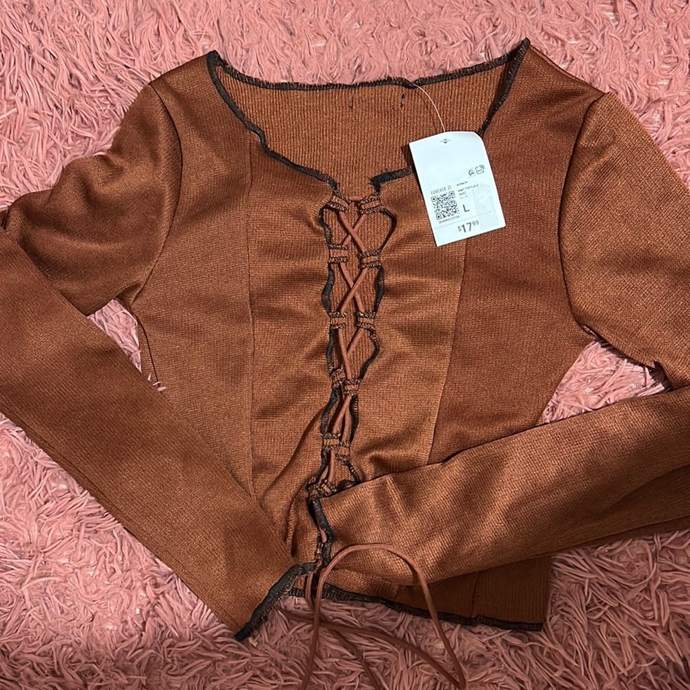 Brown top -ties in front - long sleeve - size Large
